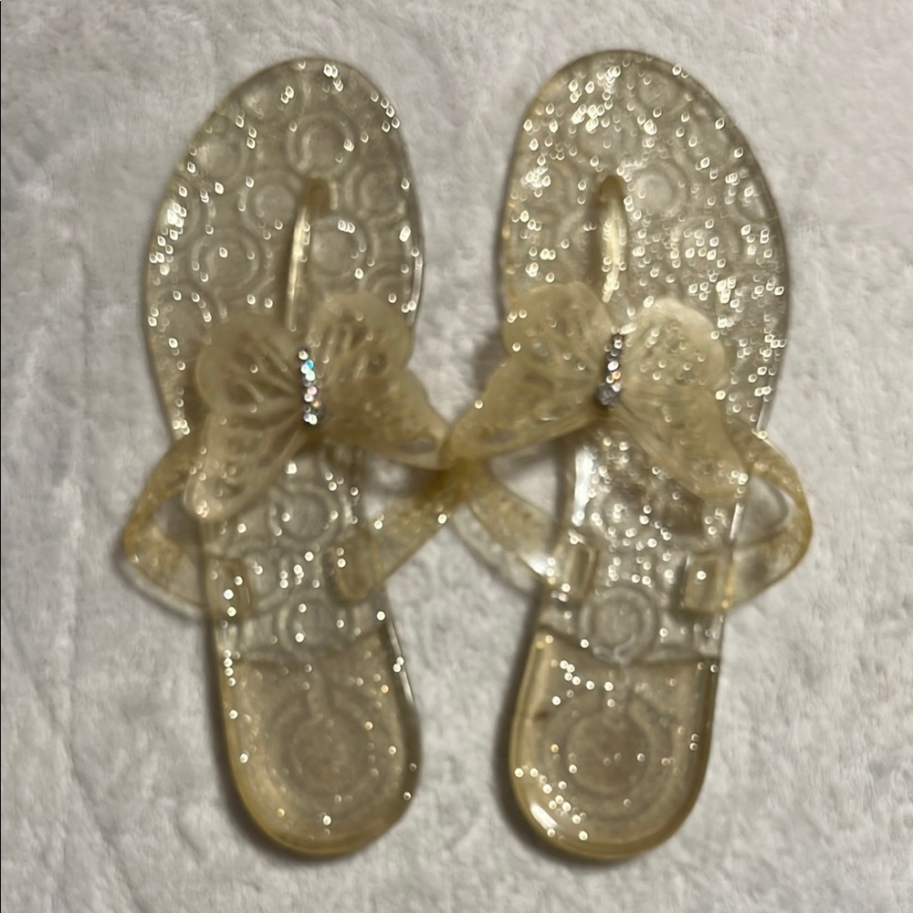 COACH. Gold Glitter Jelly Sandals with Butterfly and Rhinestones. Size 8. NWOT.